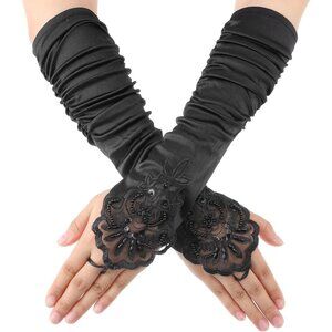 Women's Black Finger Loops Embroidery Satin Long Gloves Stretch Floral Party